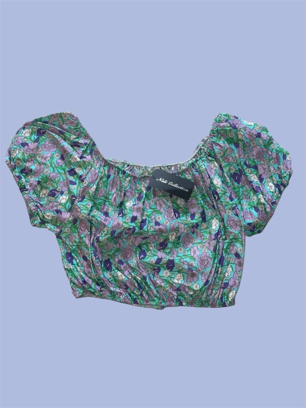 Nali Collection Purple and Blue Cropped Puff Sleeve Floral Blouse